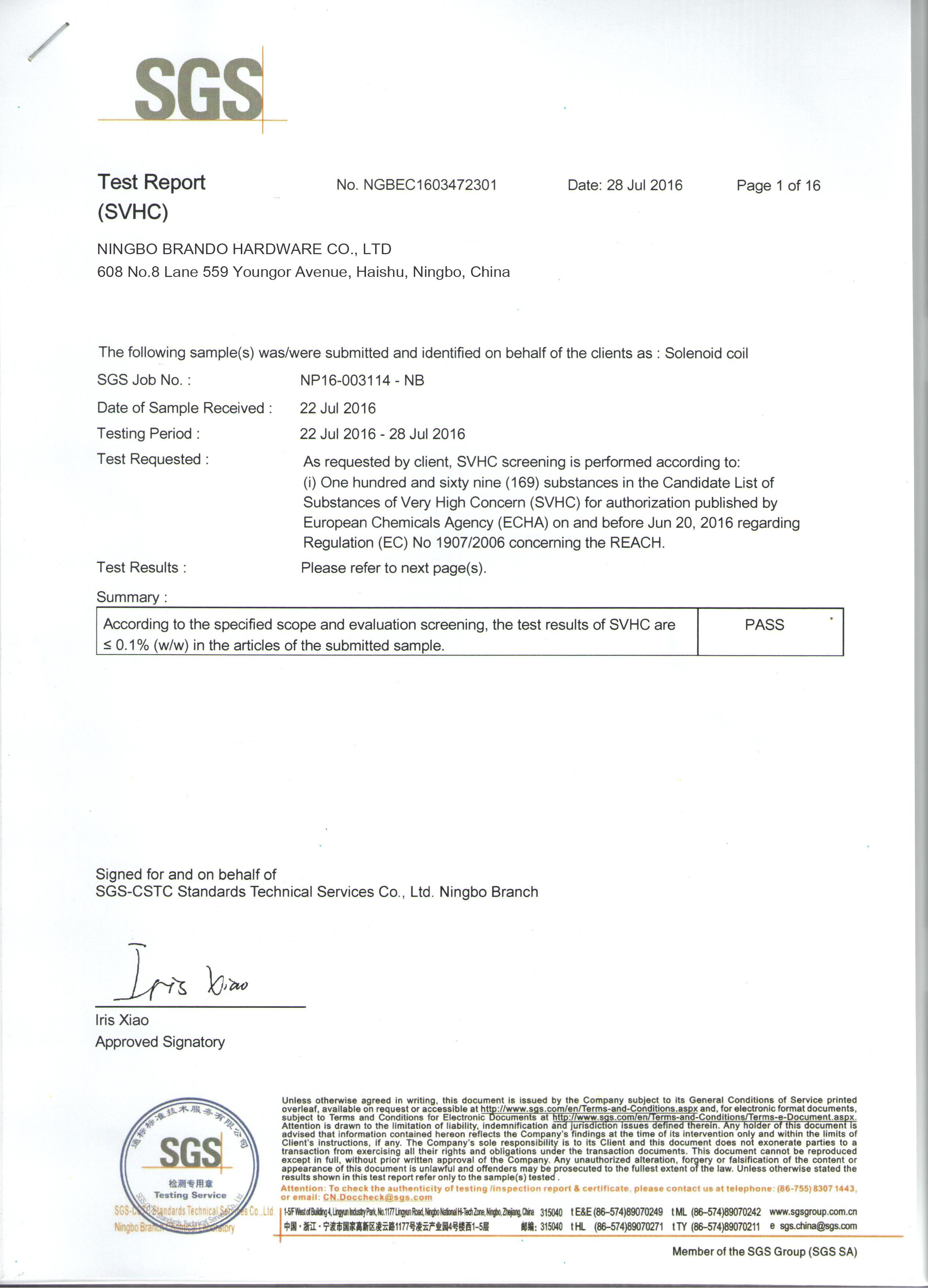 LA CHINE Ningbo Brando Hardware Co., Ltd Certifications